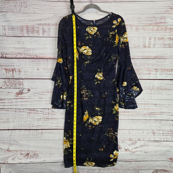 Dark Blue Lace Dress Yellow Roses M Bell Sleeve Line Whimsigoth Fairy Witch NWT - Picture 14 of 16